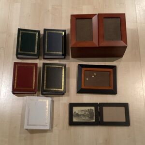 WOODEN PHOTO BOX, 2 WOOD FRAMES, 5 PHOTO ALBUMS